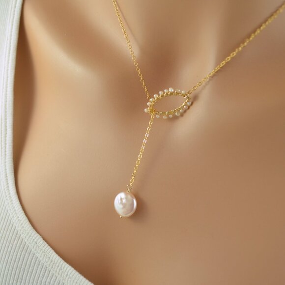 Pink Coin Pearl Lariat Necklace - Hand Made in Canada - Picture 7 of 10